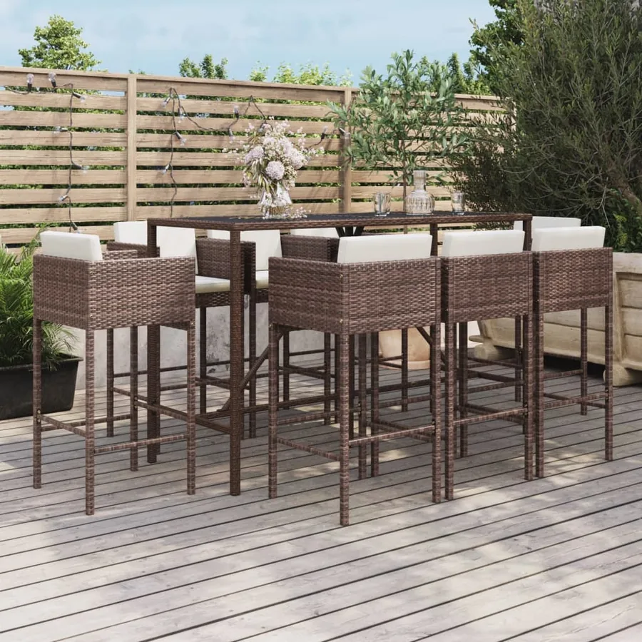 Ensemble de bar de jardin 9 pcs avec coussins marron poly rotin