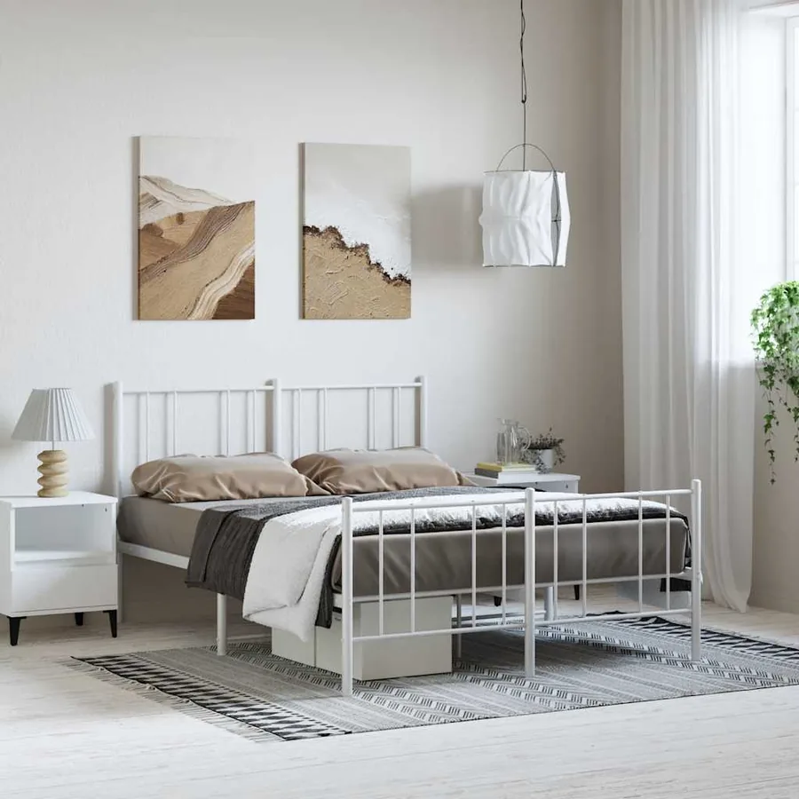 Cadre de lit métal sans matelas et pied de lit blanc 135x190 cm