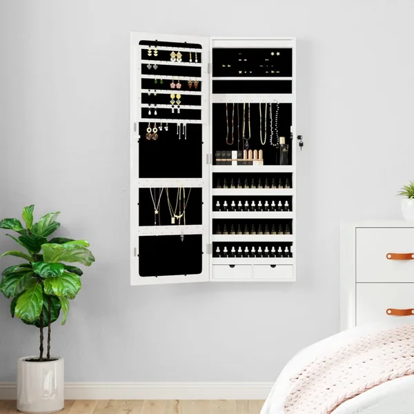 Armoire à bijoux avec miroir et éclairage LED mural blanc