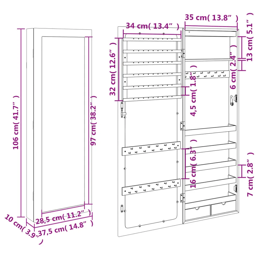 Armoire à bijoux avec miroir et éclairage LED mural blanc - 13