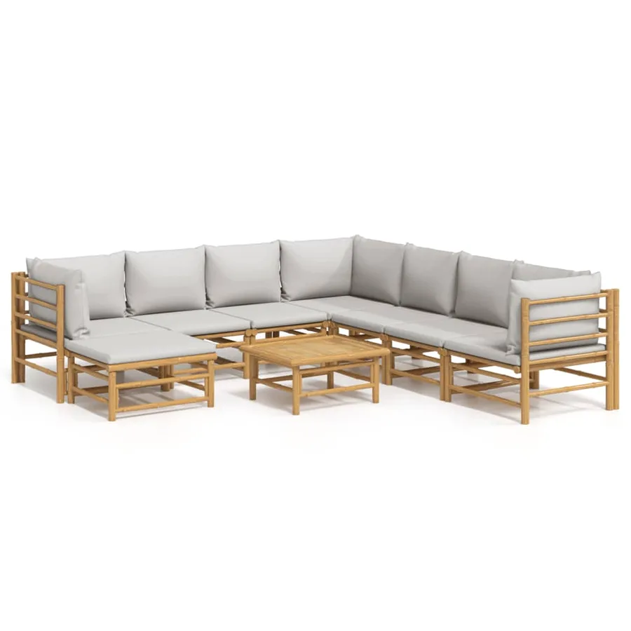 Salon de jardin 9 pcs avec coussins gris clair bambou - 2
