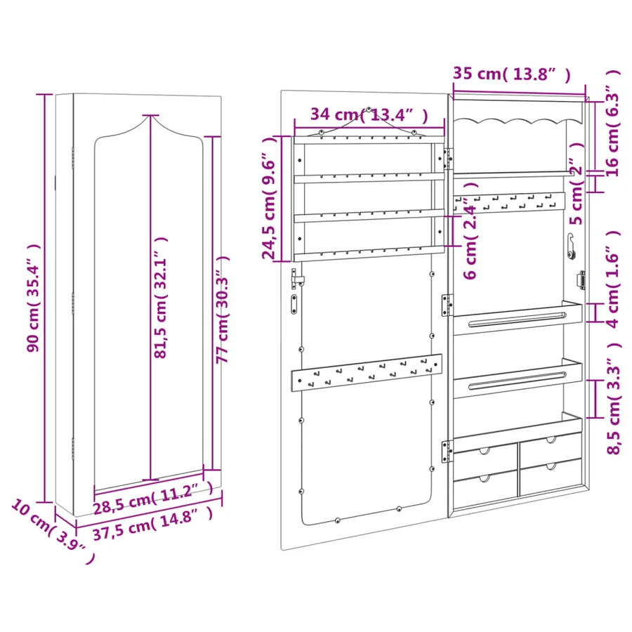 Armoire à bijoux avec miroir murale blanc 37,5x10x90 cm - 11
