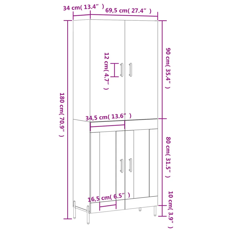 Buffet haut Blanc 69,5x34x180 cm Bois d'ingénierie - 13