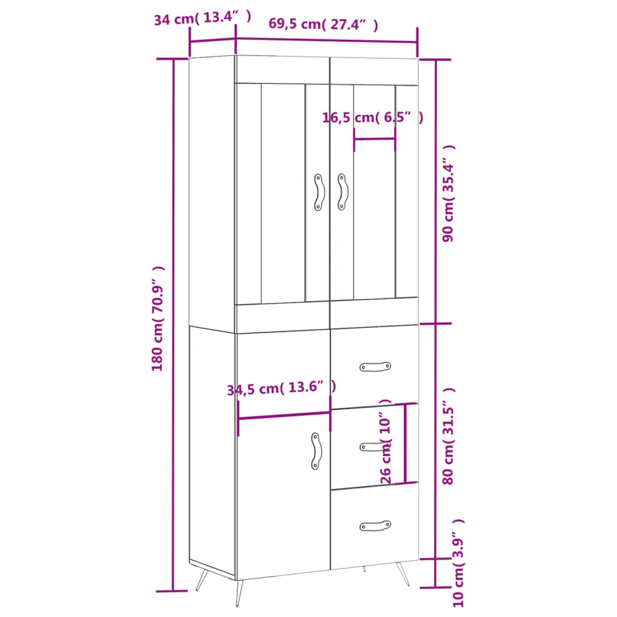 Buffet haut Blanc 69,5x34x180 cm Bois d'ingénierie - 14