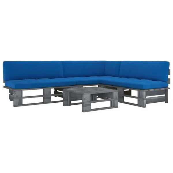 Salon de jardin palette 4pcs avec coussins Pin imprégné de gris