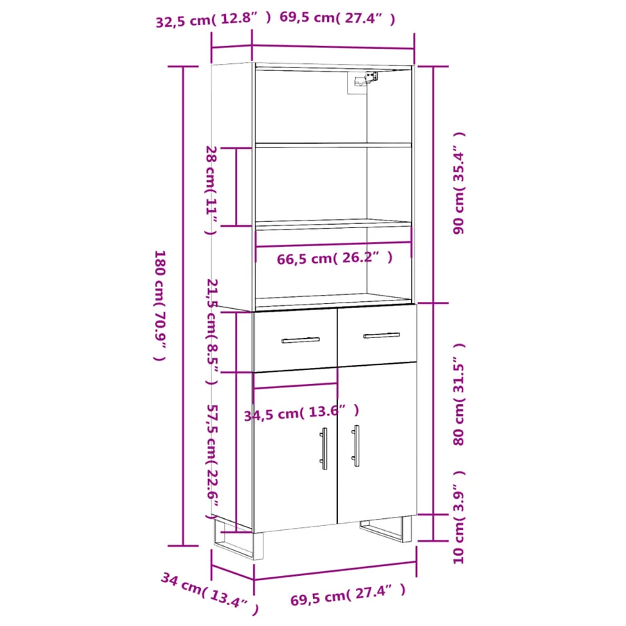 Buffet haut Blanc 69,5x34x180 cm Bois d'ingénierie - 14