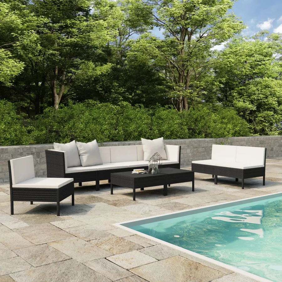 Salon de jardin 9 pcs avec coussins Résine tressée Noir