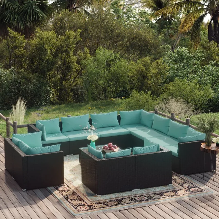 Salon de jardin 12 pcs avec coussins Noir Résine tressée