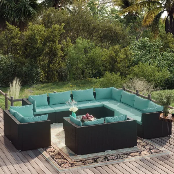 Salon de jardin 12 pcs avec coussins Noir Résine tressée