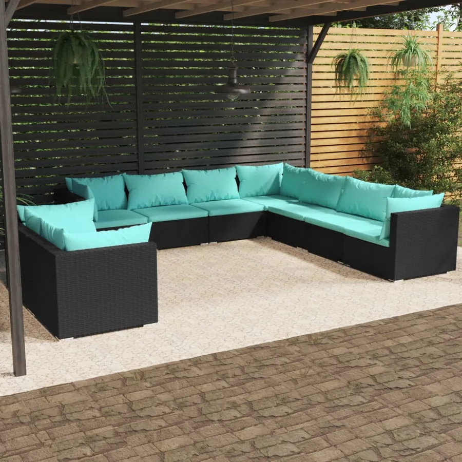 Salon de jardin 9 pcs avec coussins Noir Résine tressée