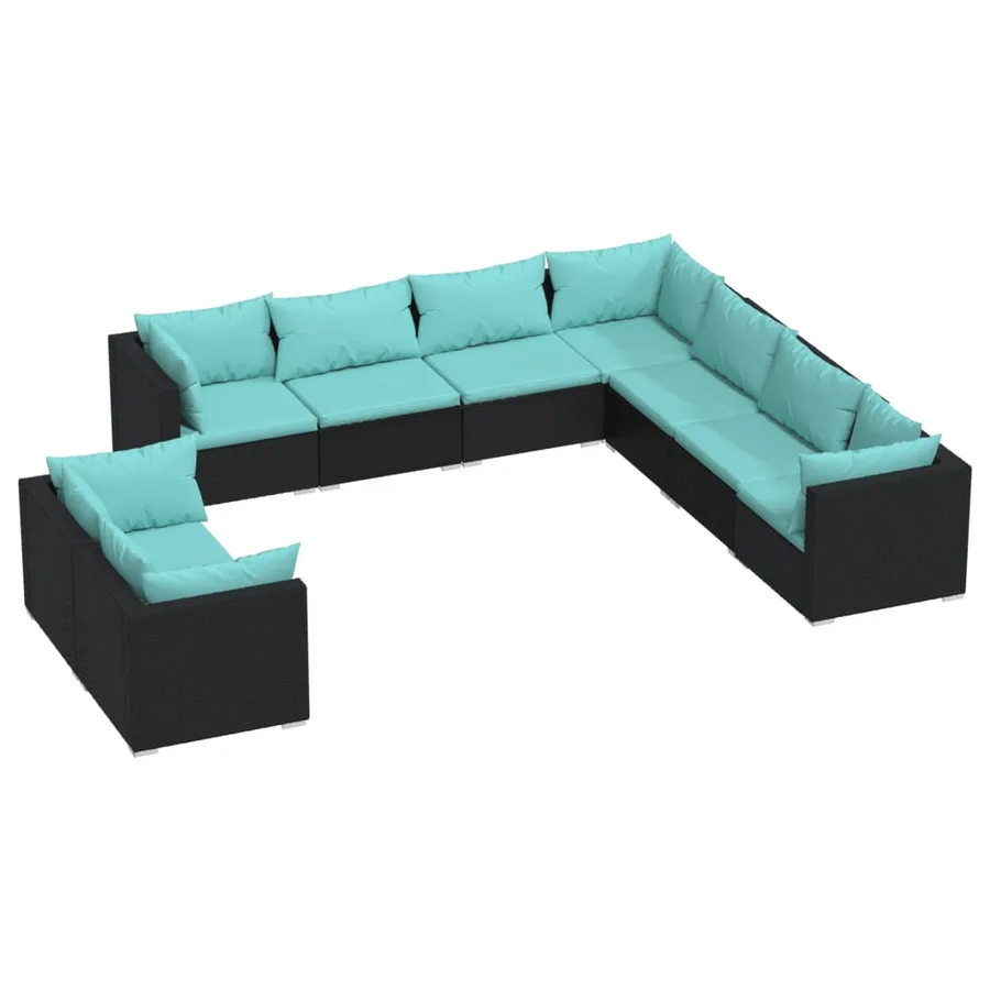 Salon de jardin 9 pcs avec coussins Noir Résine tressée - 2