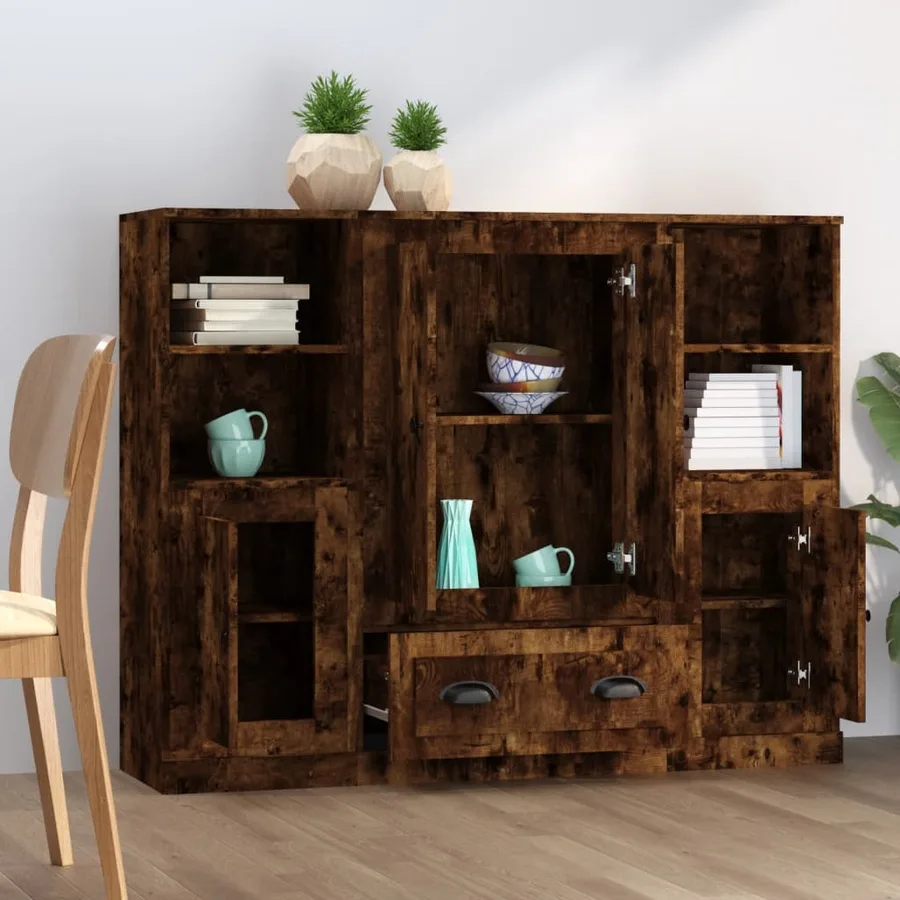 Buffets 3 pcs chêne fumé bois d'ingénierie - 3