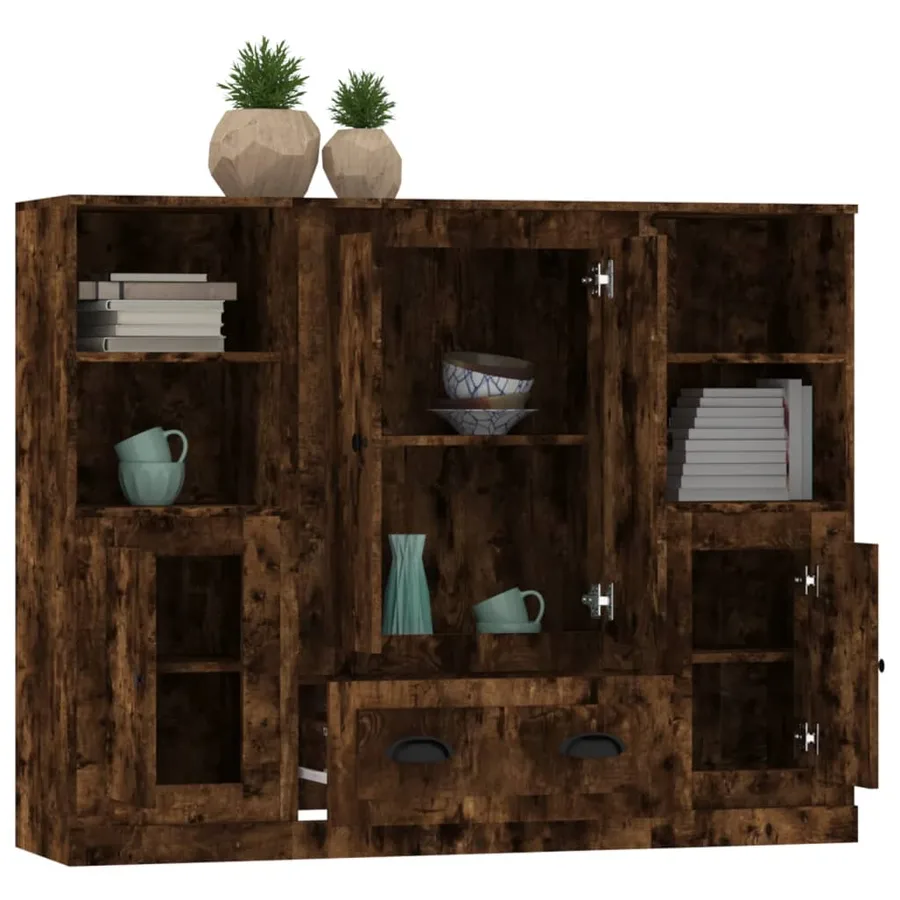 Buffets 3 pcs chêne fumé bois d'ingénierie - 5
