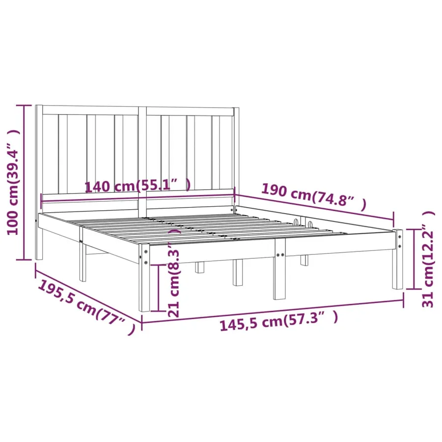 Cadre de lit sans matelas noir bois de pin massif 140x190 cm - 6