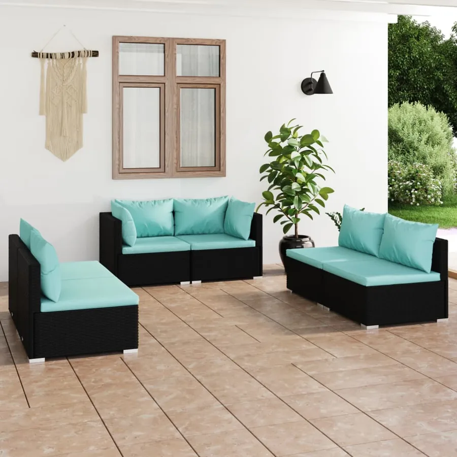 Salon de jardin 6 pcs avec coussins Résine tressée Noir