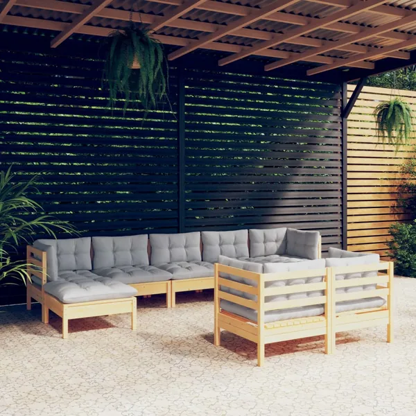 Salon de jardin 9 pcs avec coussins gris bois de pin massif