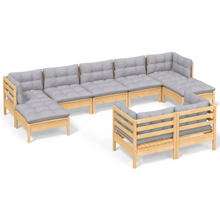 Salon de jardin 9 pcs avec coussins gris bois de pin massif - 2
