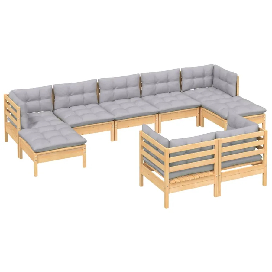 Salon de jardin 9 pcs avec coussins gris bois de pin massif - 3