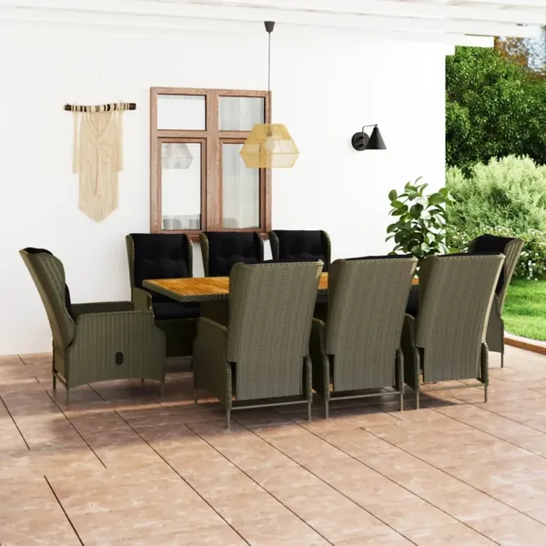 Ensemble à manger d'extérieur et coussins 9 pcs résine tressée