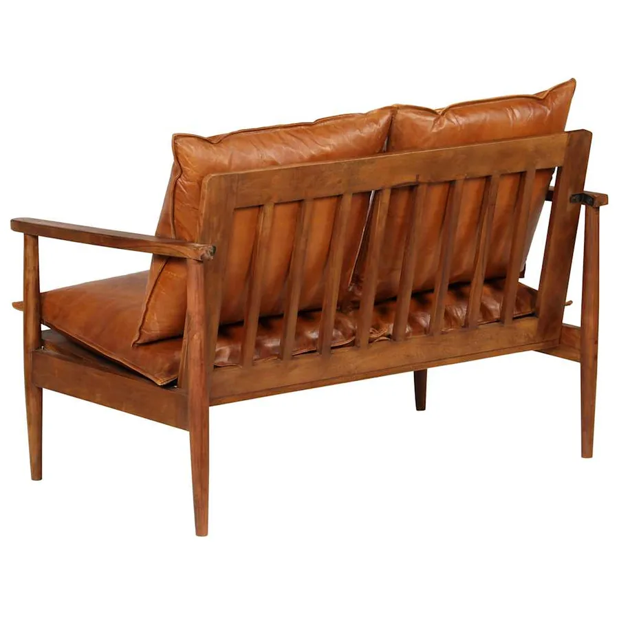 Canapé à 2 places Cuir véritable avec bois d'acacia Marron - 5