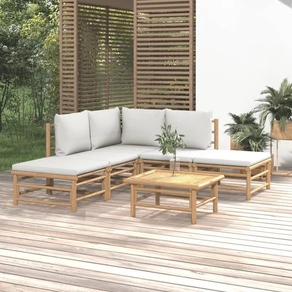 Salon de jardin 6 pcs avec coussins gris clair bambou