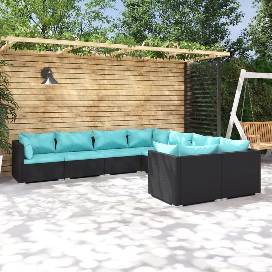 Salon de jardin 8 pcs avec coussins Résine tressée Noir