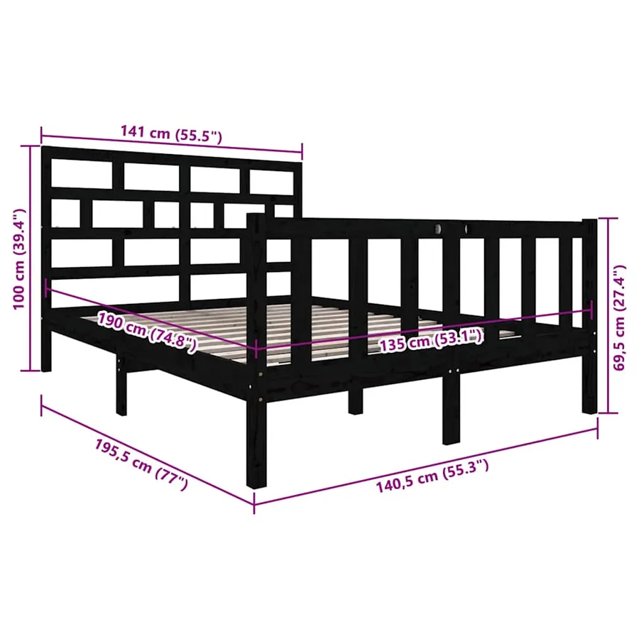 Cadre de lit sans matelas noir bois de pin massif - 9