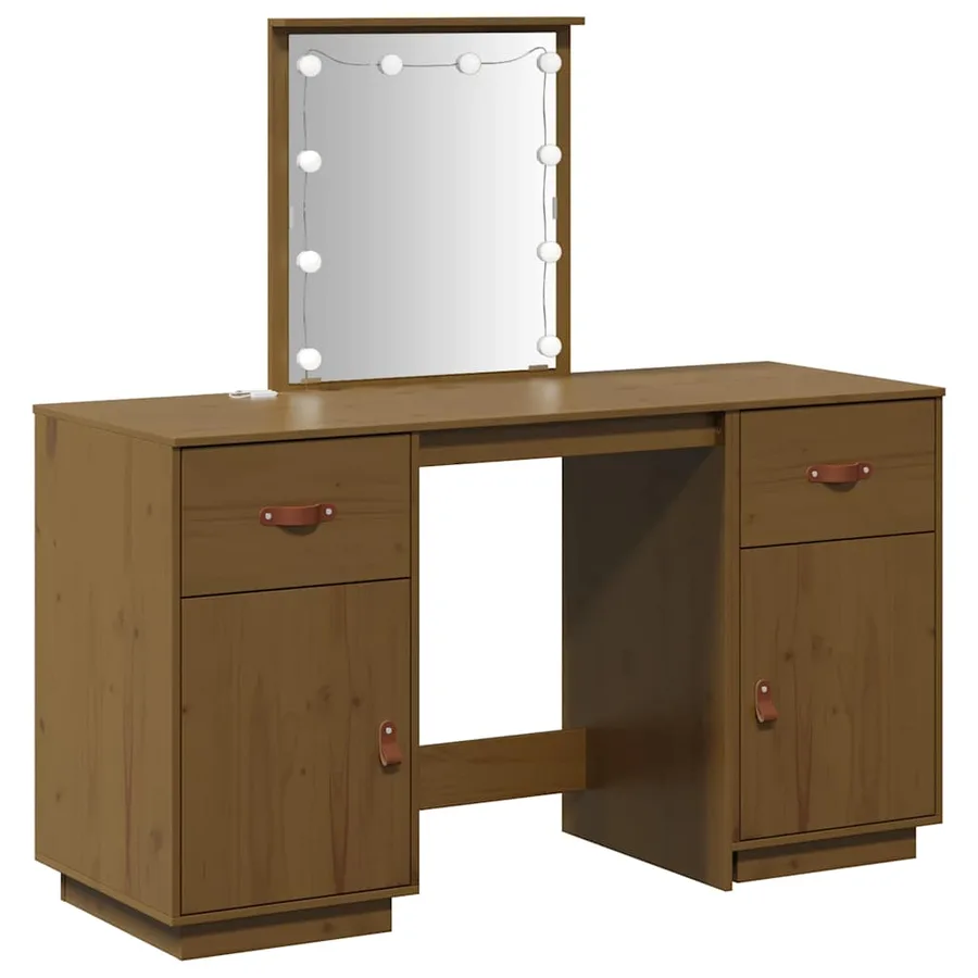 Ensemble de coiffeuse avec LED Marron miel Bois de pin solide - 2