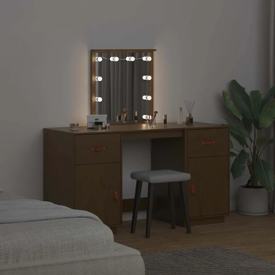 Ensemble de coiffeuse avec LED Marron miel Bois de pin solide - 3