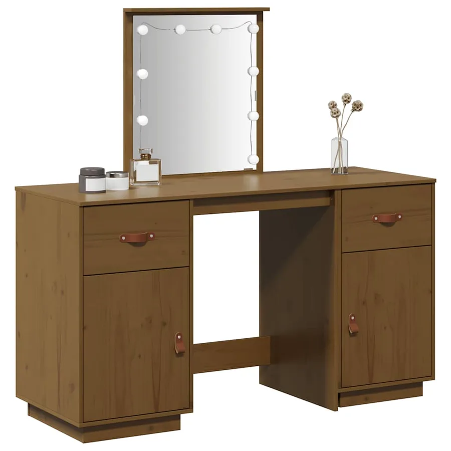 Ensemble de coiffeuse avec LED Marron miel Bois de pin solide - 4