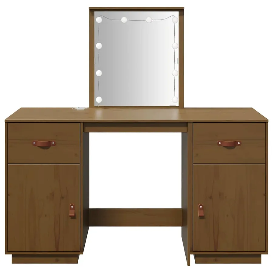 Ensemble de coiffeuse avec LED Marron miel Bois de pin solide - 5