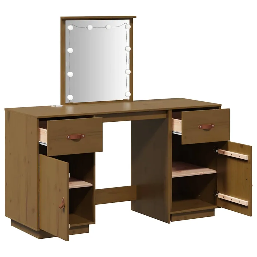Ensemble de coiffeuse avec LED Marron miel Bois de pin solide - 8