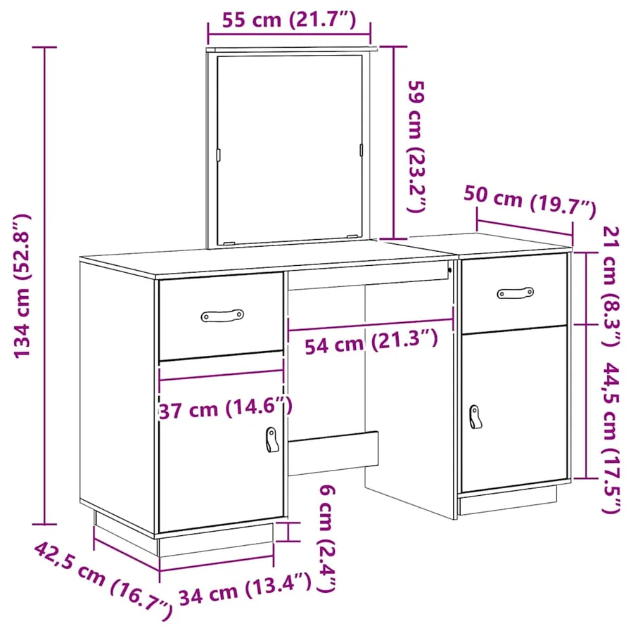 Ensemble de coiffeuse et miroir Marron miel Bois de pin solide - 12
