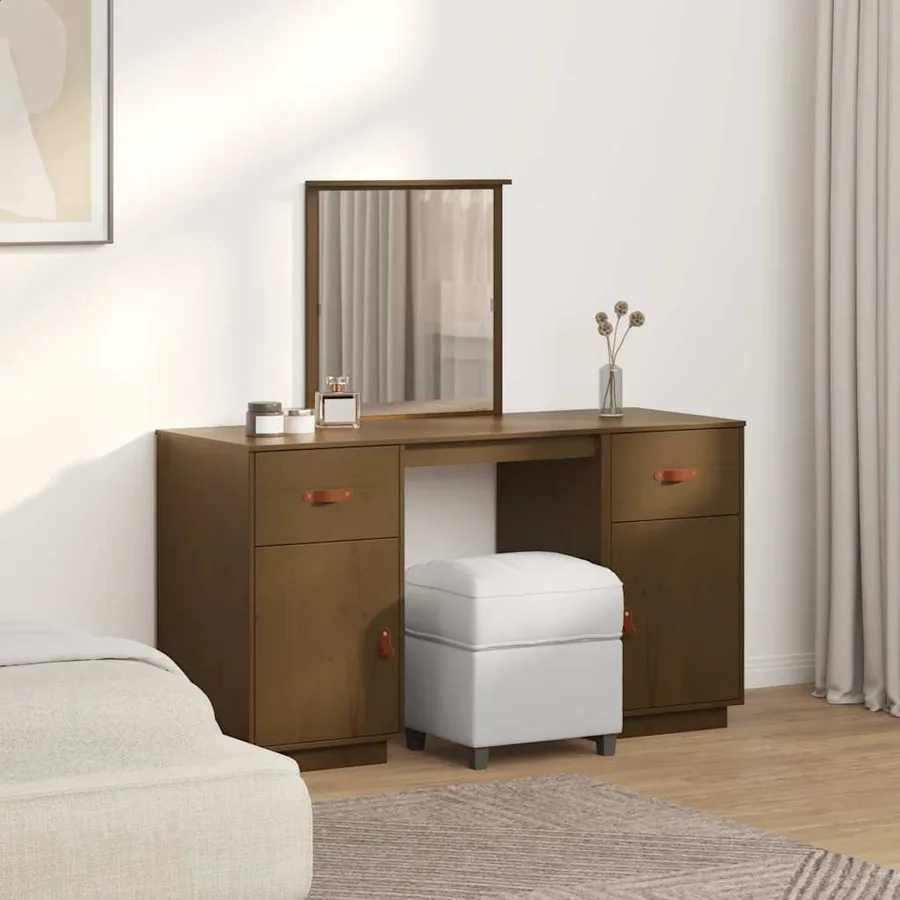 Ensemble de coiffeuse et miroir Marron miel Bois de pin solide - 3