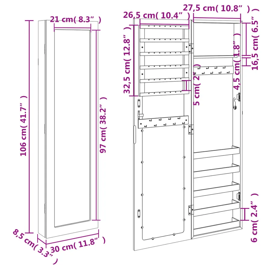 Armoire à bijoux avec miroir murale 30x8,5x106 cm - 11