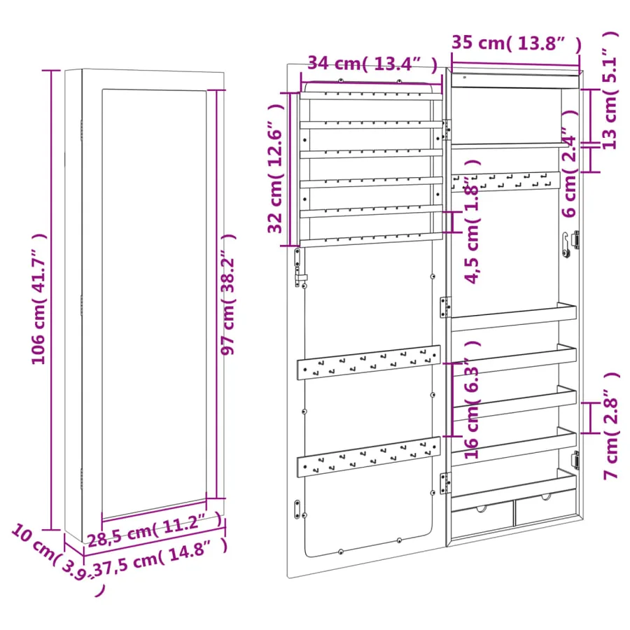 Armoire à bijoux avec miroir et éclairage LED mural - 13