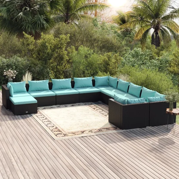 Salon de jardin 11 pcs avec coussins Résine tressée Noir
