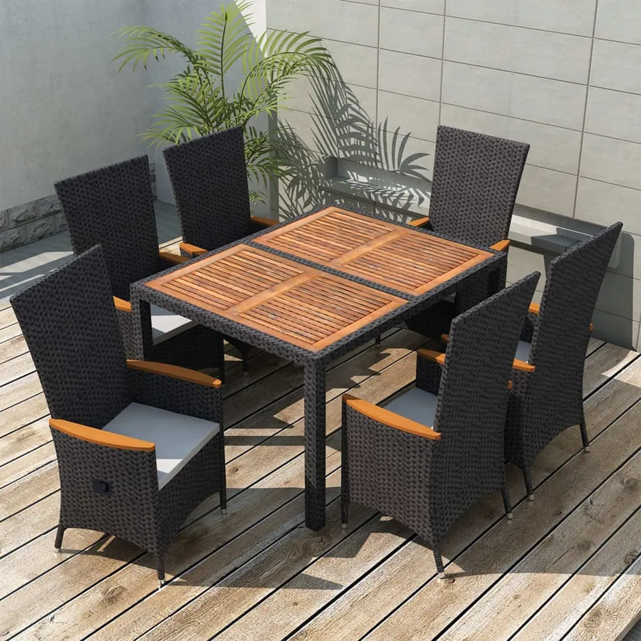 Ensemble à manger d'extérieur 7pcs Résine tressée acacia Noir