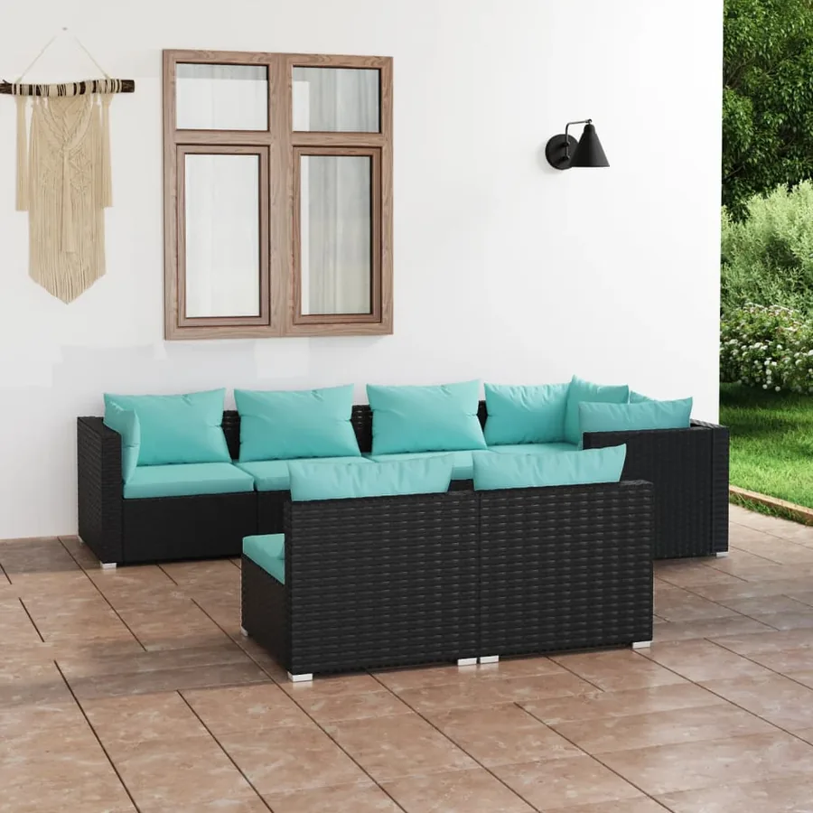 Salon de jardin 7 pcs avec coussins Noir Résine tressée 70 x 70 x 60,5 cm - 57,5 kg