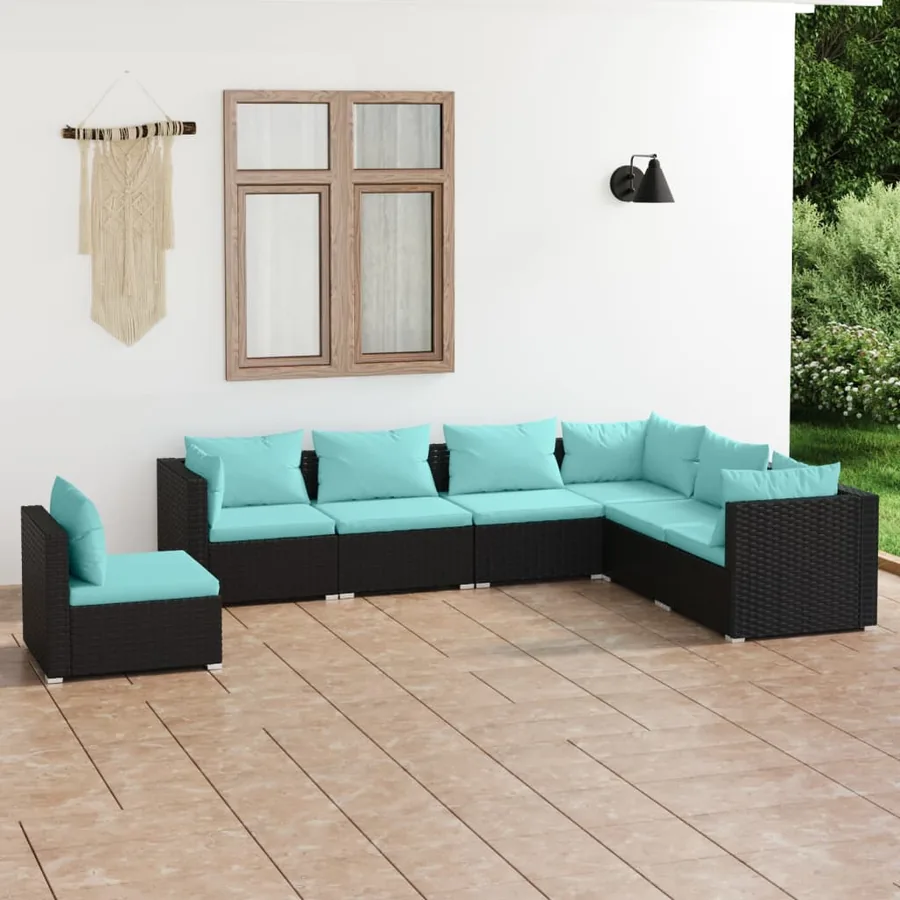 Salon de jardin 7 pcs avec coussins Résine tressée Noir