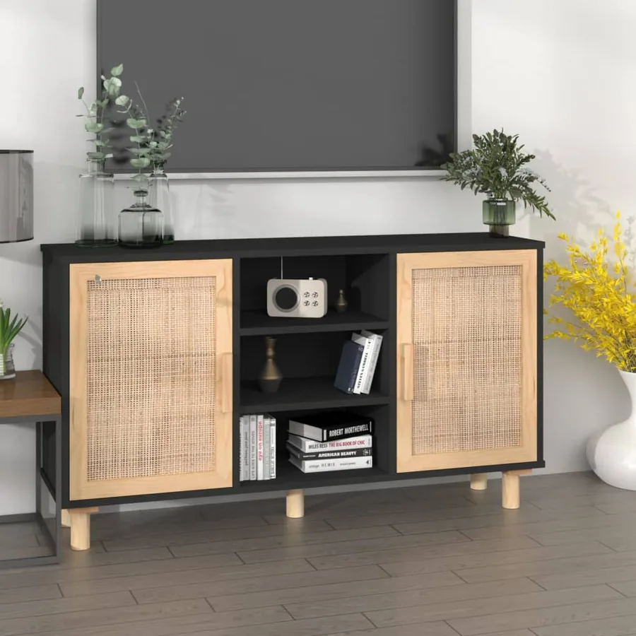 Buffet Noir 105x30x60 cm Bois de pin massif et rotin naturel