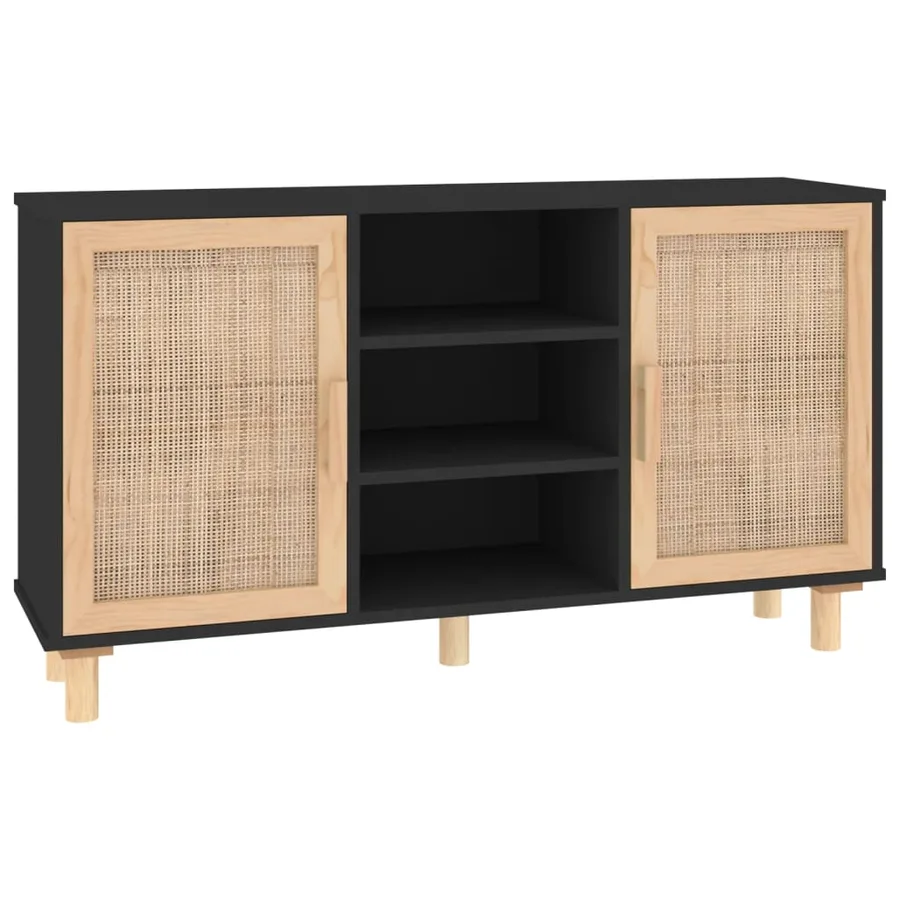 Buffet Noir 105x30x60 cm Bois de pin massif et rotin naturel - 2