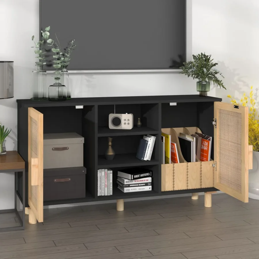 Buffet Noir 105x30x60 cm Bois de pin massif et rotin naturel - 3
