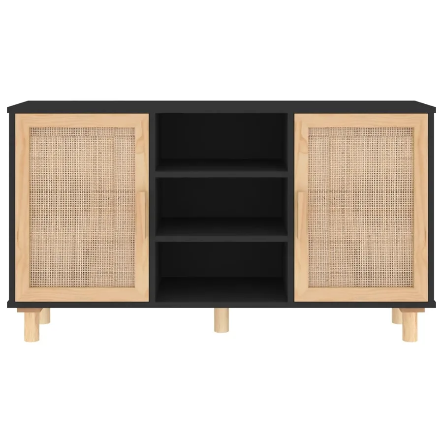 Buffet Noir 105x30x60 cm Bois de pin massif et rotin naturel - 4