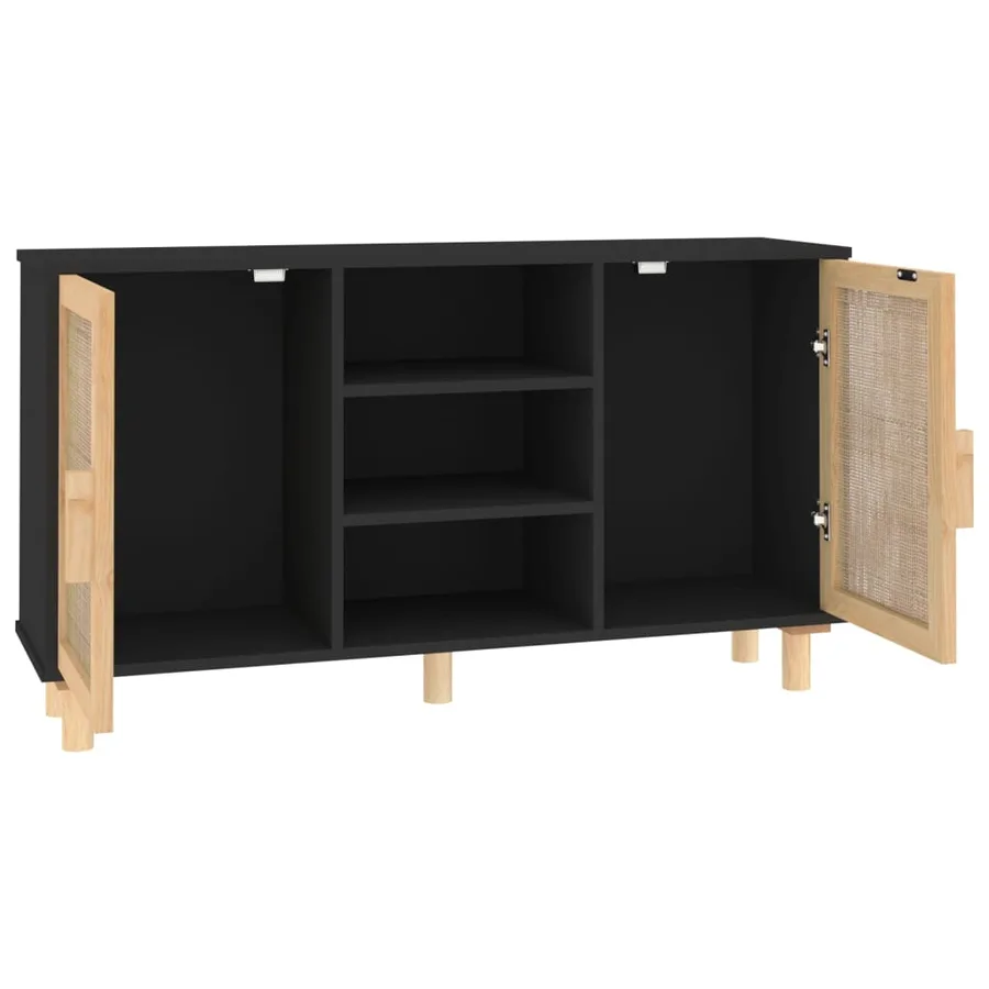 Buffet Noir 105x30x60 cm Bois de pin massif et rotin naturel - 5