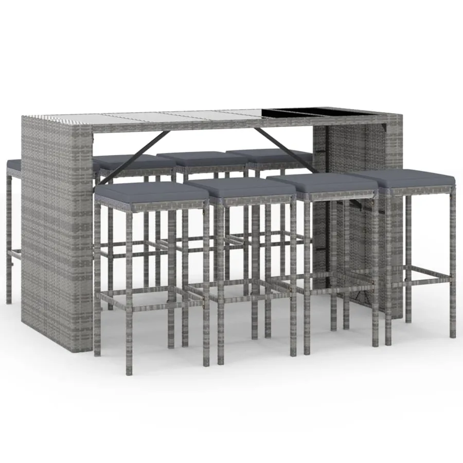 Ensemble de bar de jardin 9 pcs avec coussins gris poly rotin - 2