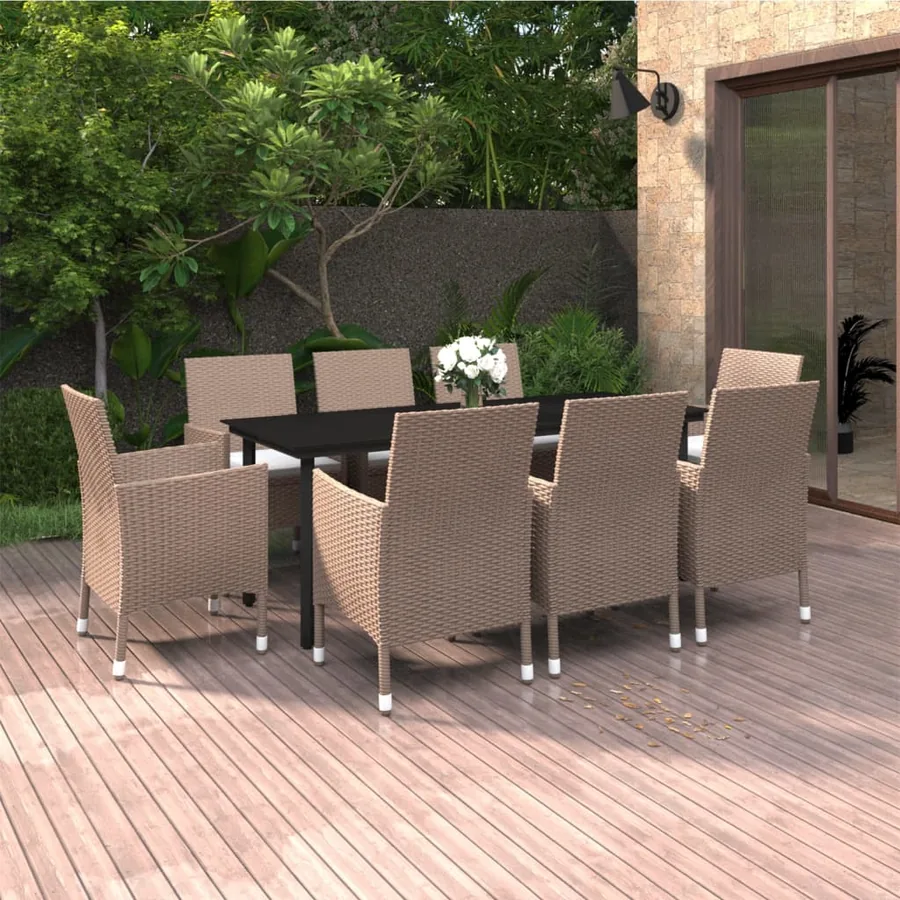 Ensemble à manger de jardin coussins 9 pcs Résine tressée Verre