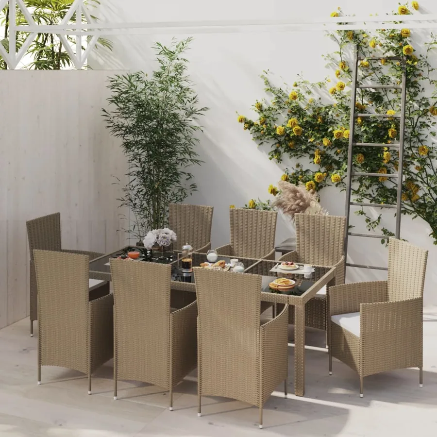 Ensemble à manger d'extérieur 9 pcs coussins Résine tressée