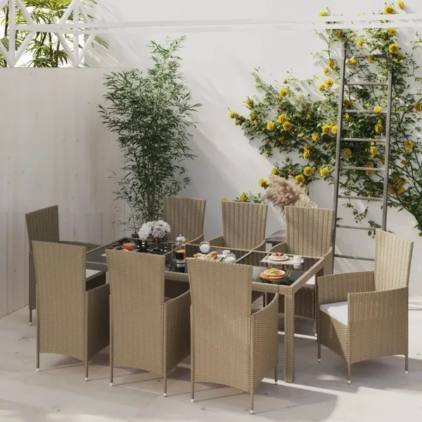 Ensemble à manger d'extérieur 9 pcs coussins Résine tressée