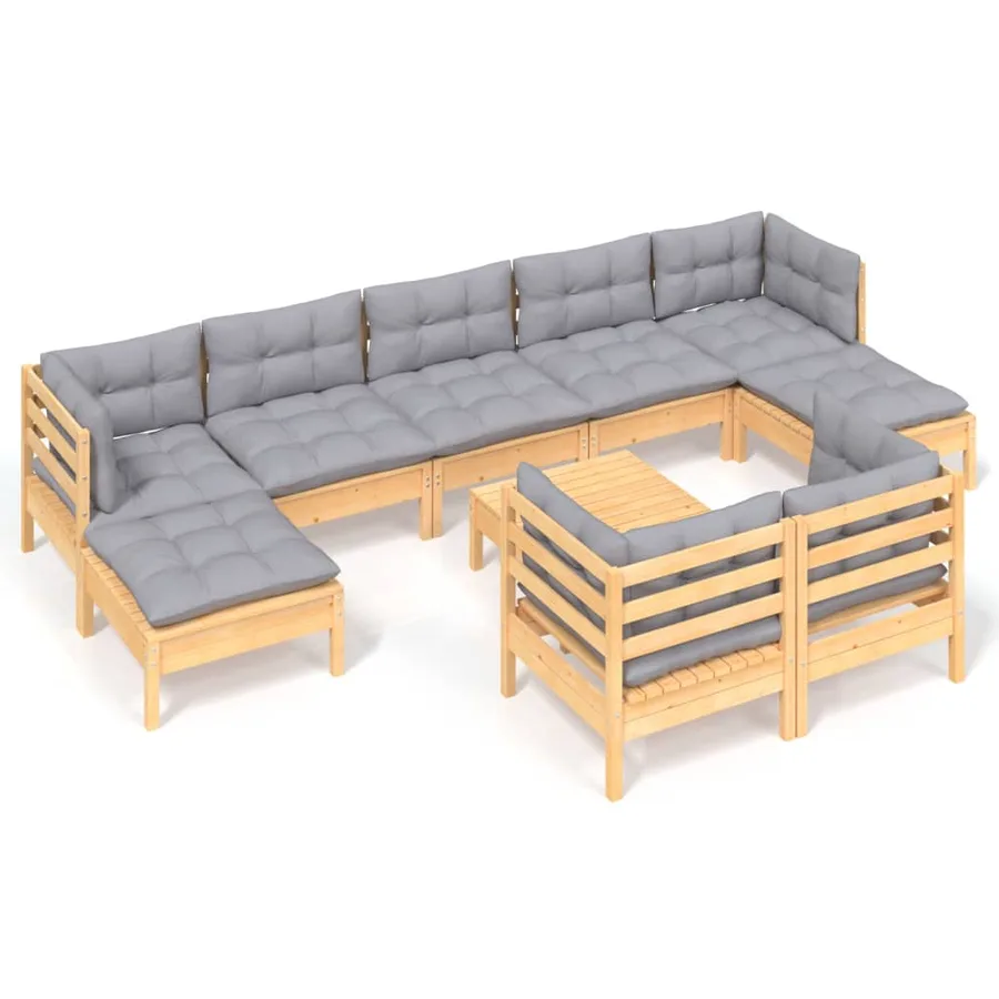 Salon de jardin 10 pcs avec coussins gris bois de pin massif - 2